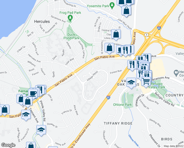 map of restaurants, bars, coffee shops, grocery stores, and more near 613 Devonwood in Hercules