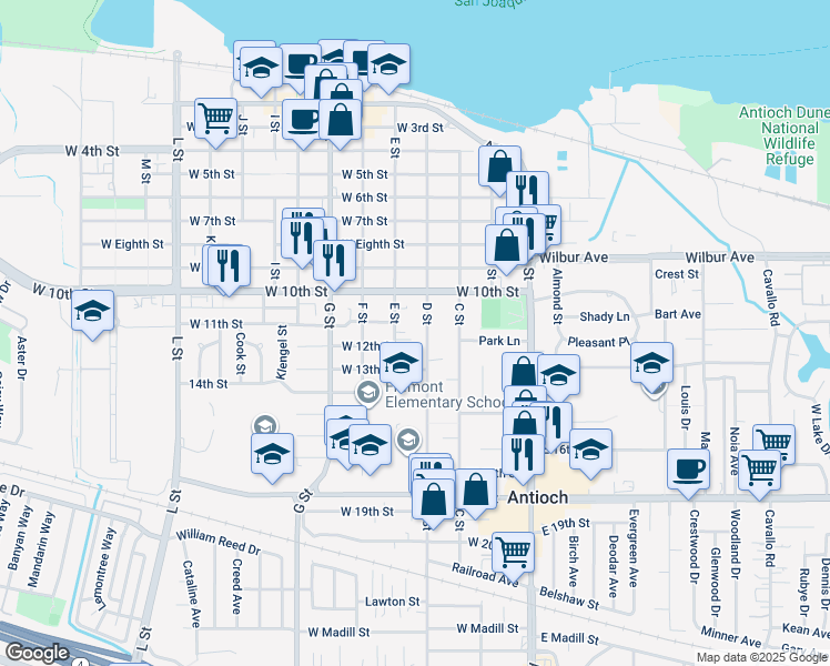 map of restaurants, bars, coffee shops, grocery stores, and more near 1104 D Street in Antioch