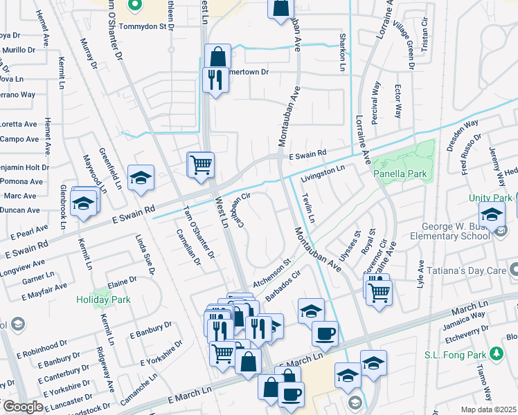 map of restaurants, bars, coffee shops, grocery stores, and more near 5834 Saint Thomas Court in Stockton