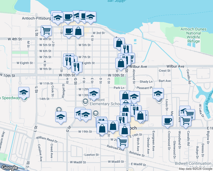 map of restaurants, bars, coffee shops, grocery stores, and more near 1108 C Street in Antioch
