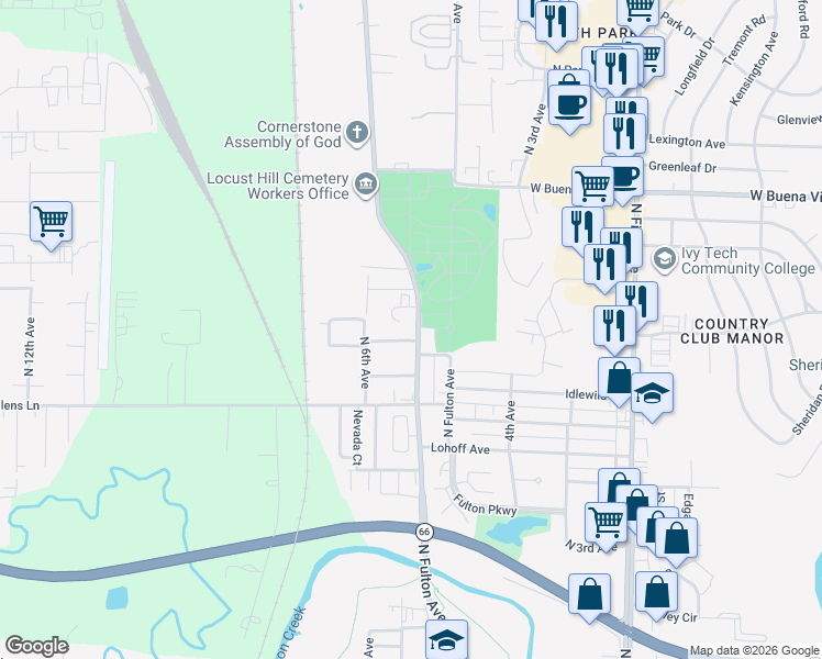 map of restaurants, bars, coffee shops, grocery stores, and more near 3308 Kratzville Road in Evansville