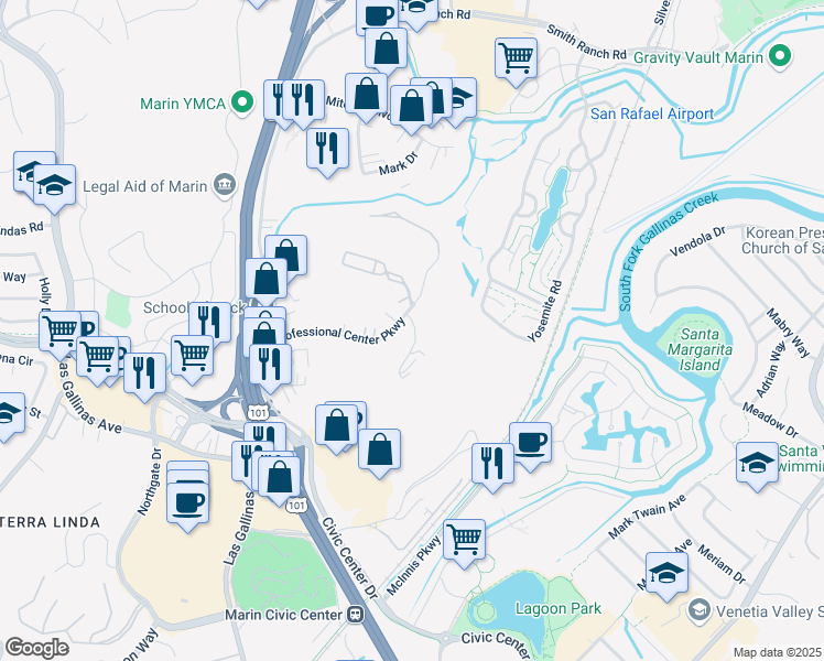 map of restaurants, bars, coffee shops, grocery stores, and more near 267 Channing Way in San Rafael