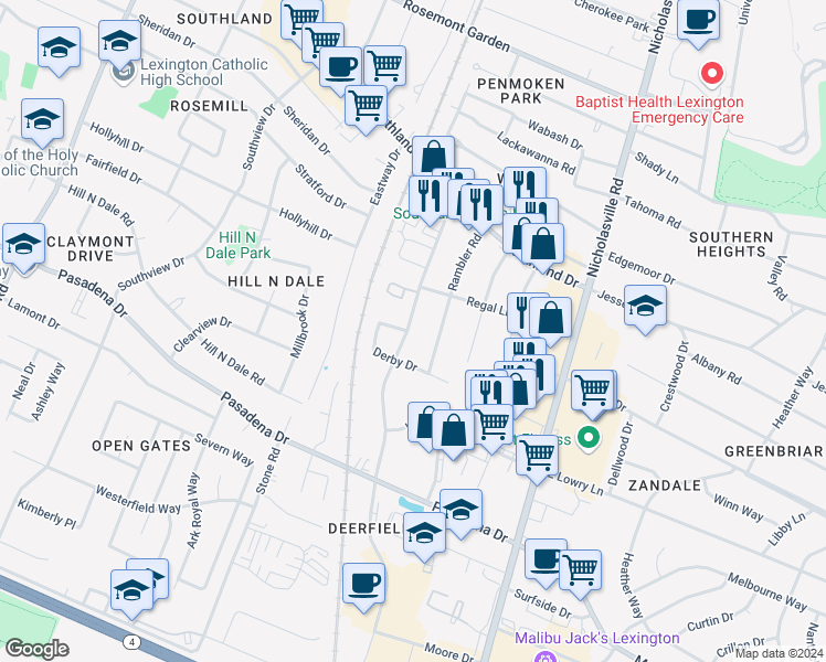 map of restaurants, bars, coffee shops, grocery stores, and more near 2084 Regency Road in Lexington