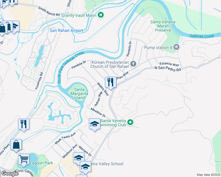 map of restaurants, bars, coffee shops, grocery stores, and more near 212 Adrian Way in San Rafael