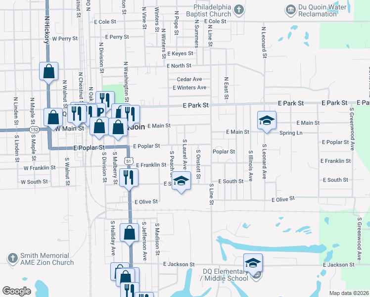 map of restaurants, bars, coffee shops, grocery stores, and more near 422-498 East Poplar Street in Du Quoin