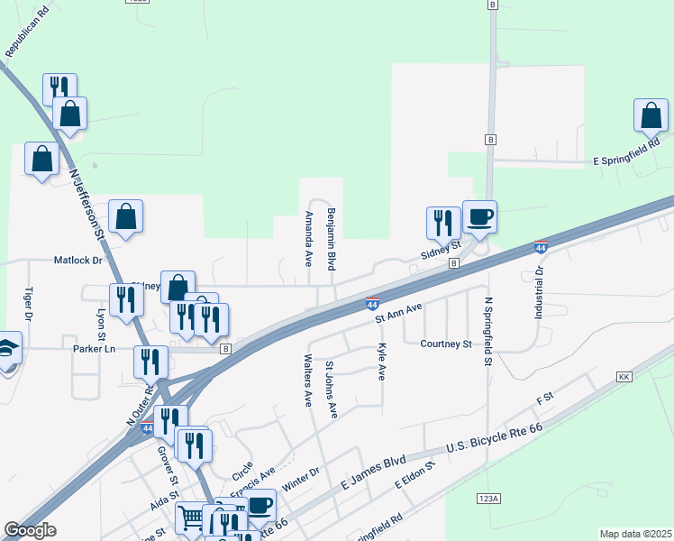 map of restaurants, bars, coffee shops, grocery stores, and more near 1006 Benjamin Boulevard in Saint James