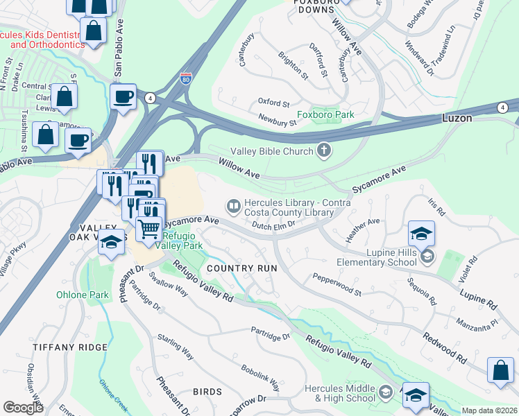 map of restaurants, bars, coffee shops, grocery stores, and more near 548 Blue Cypress Way in Hercules