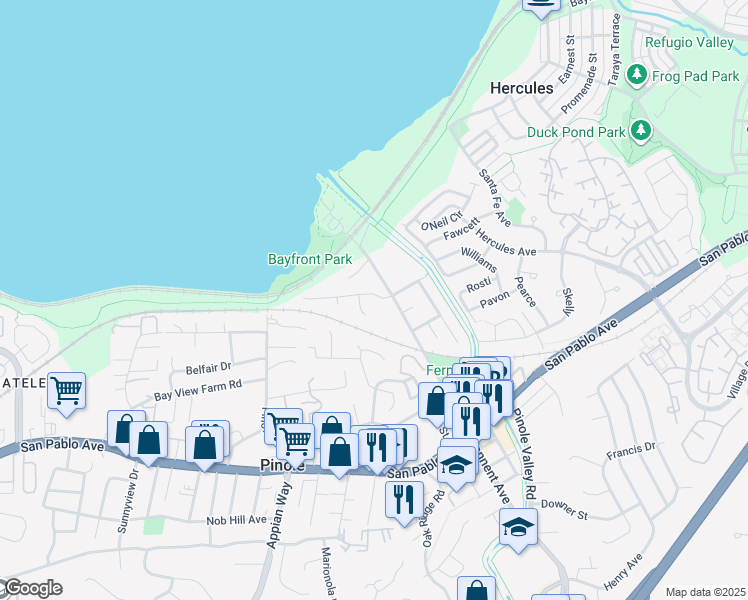 map of restaurants, bars, coffee shops, grocery stores, and more near 2291 Orleans Drive in Pinole