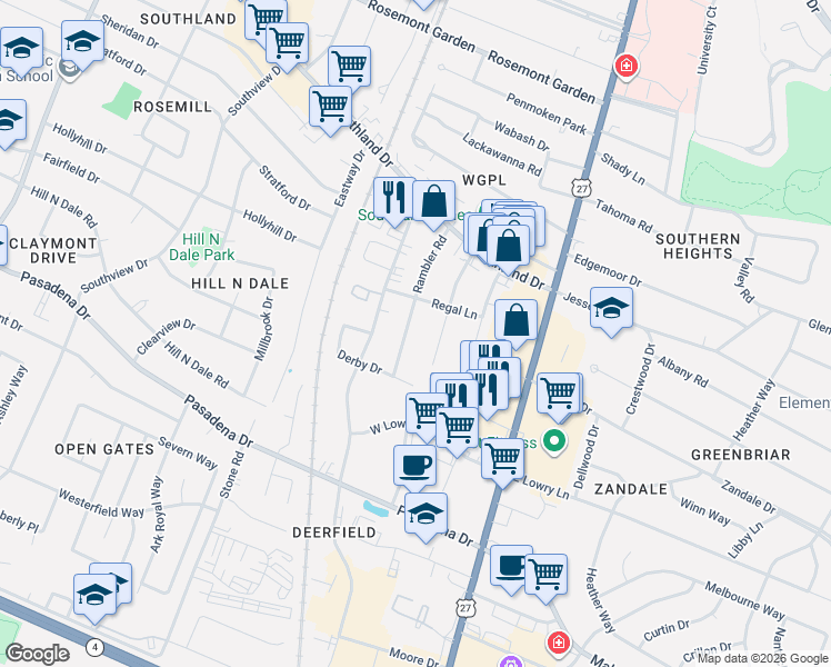 map of restaurants, bars, coffee shops, grocery stores, and more near 2066 Rambler Rd in Lexington