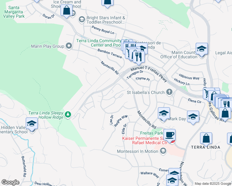 map of restaurants, bars, coffee shops, grocery stores, and more near 104 Surrey Lane in San Rafael