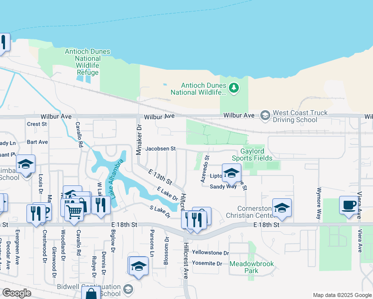 map of restaurants, bars, coffee shops, grocery stores, and more near Hillcrest Avenue & Jacobsen Street in Antioch