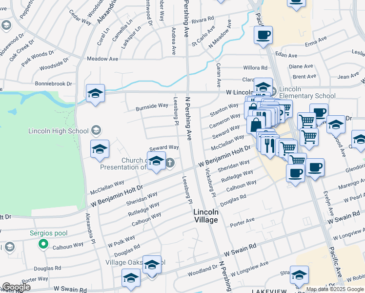 map of restaurants, bars, coffee shops, grocery stores, and more near 6750 Leesburg Place in Stockton