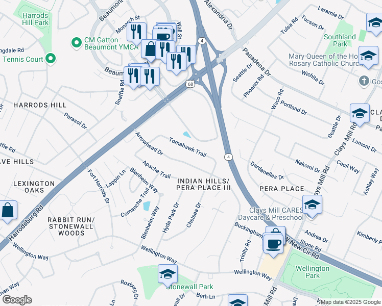 map of restaurants, bars, coffee shops, grocery stores, and more near 836 Tomahawk Trail in Lexington