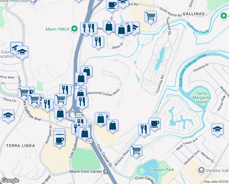 map of restaurants, bars, coffee shops, grocery stores, and more near 115 Professional Center Parkway in San Rafael