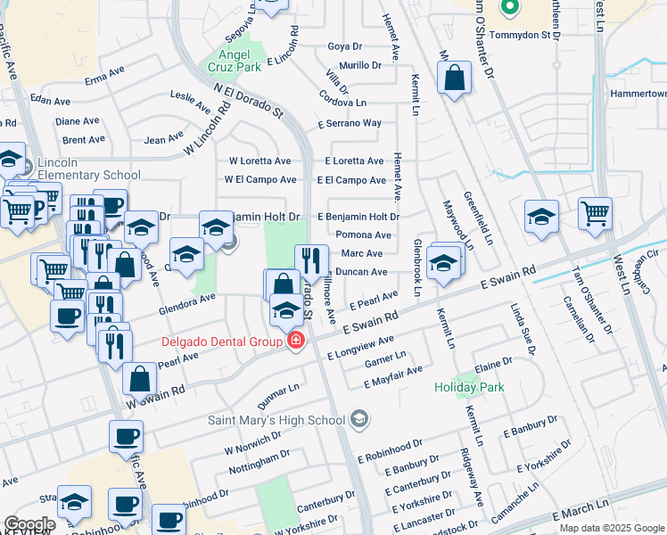 map of restaurants, bars, coffee shops, grocery stores, and more near 115 Duncan Avenue in Stockton