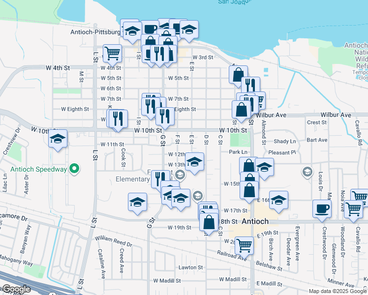 map of restaurants, bars, coffee shops, grocery stores, and more near 413 West 11th Street in Antioch