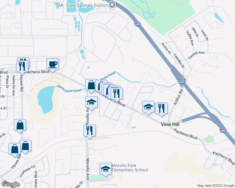 map of restaurants, bars, coffee shops, grocery stores, and more near 105 Windhover Way in Martinez