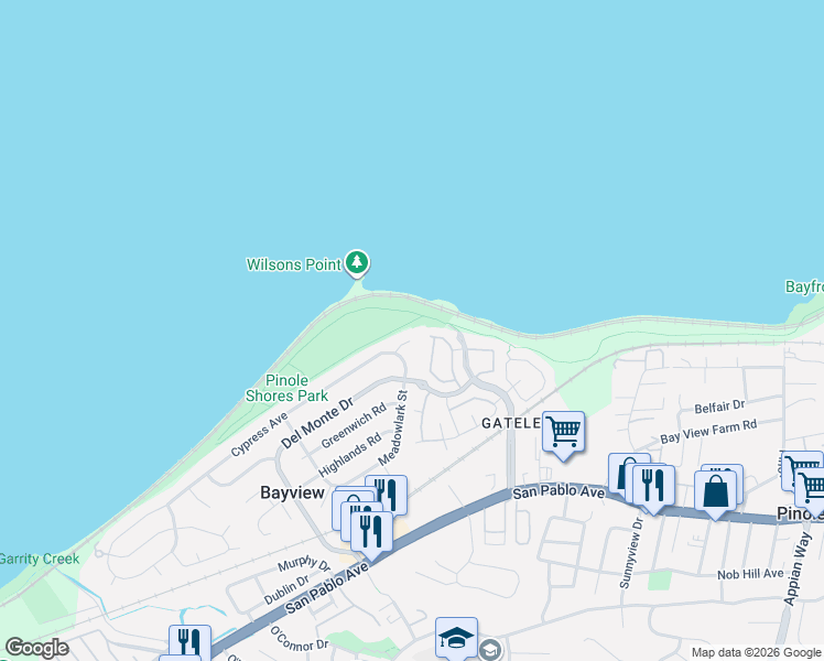 map of restaurants, bars, coffee shops, grocery stores, and more near 55 Cypress Court in San Pablo