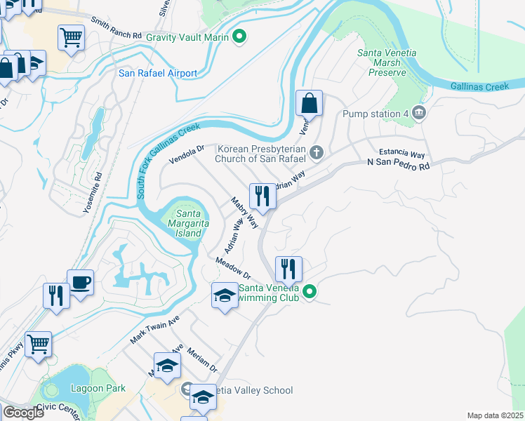 map of restaurants, bars, coffee shops, grocery stores, and more near 212 Adrian Way in San Rafael