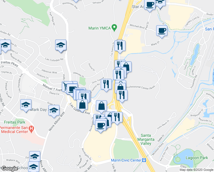 map of restaurants, bars, coffee shops, grocery stores, and more near 1024 Los Gamos Road in San Rafael