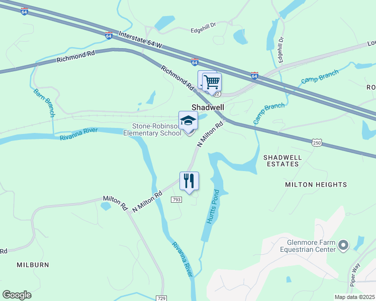 map of restaurants, bars, coffee shops, grocery stores, and more near 958 County Road 729 in Charlottesville