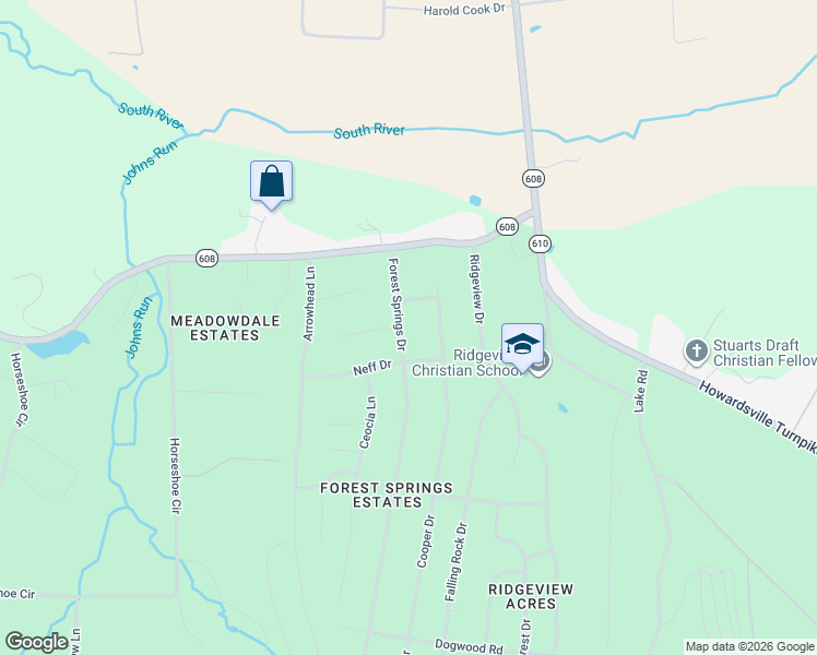 map of restaurants, bars, coffee shops, grocery stores, and more near 68 Forest Springs Drive in Stuarts Draft