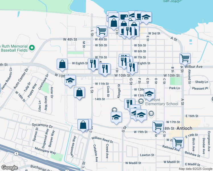 map of restaurants, bars, coffee shops, grocery stores, and more near 1101 Medanos Street in Antioch