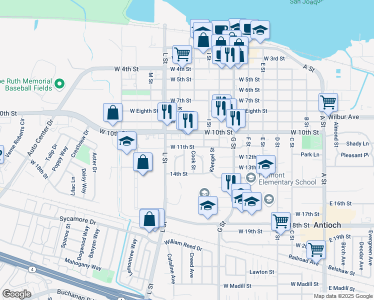 map of restaurants, bars, coffee shops, grocery stores, and more near 1101 Medanos Street in Antioch