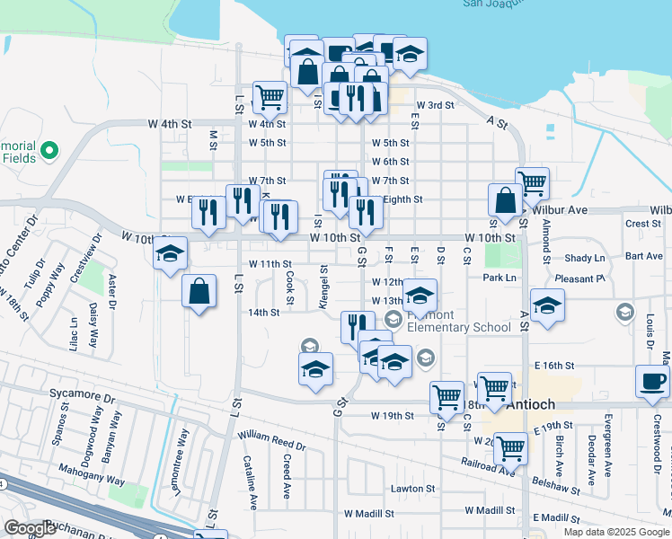 map of restaurants, bars, coffee shops, grocery stores, and more near 625 West 11th Street in Antioch