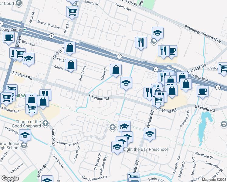 map of restaurants, bars, coffee shops, grocery stores, and more near 225 Whimbrel Circle in Pittsburg