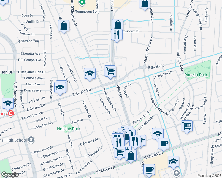 map of restaurants, bars, coffee shops, grocery stores, and more near 1323 Morning Dew Place in Stockton