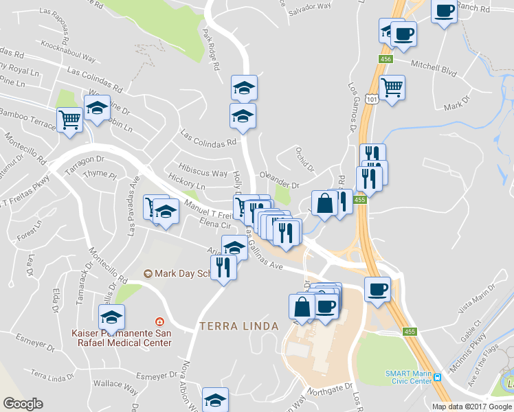 map of restaurants, bars, coffee shops, grocery stores, and more near 1004 Las Gallinas Avenue in San Rafael