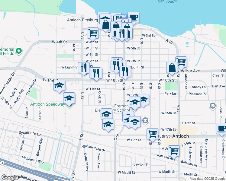 map of restaurants, bars, coffee shops, grocery stores, and more near 1101 Klengel Street in Antioch