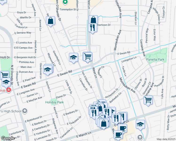 map of restaurants, bars, coffee shops, grocery stores, and more near 1323 Morning Dew Place in Stockton