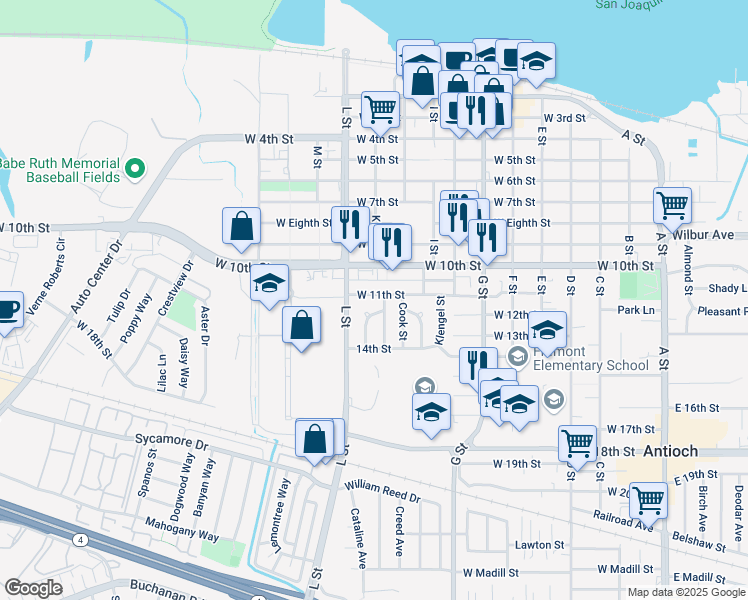 map of restaurants, bars, coffee shops, grocery stores, and more near 1101 Medanos Street in Antioch