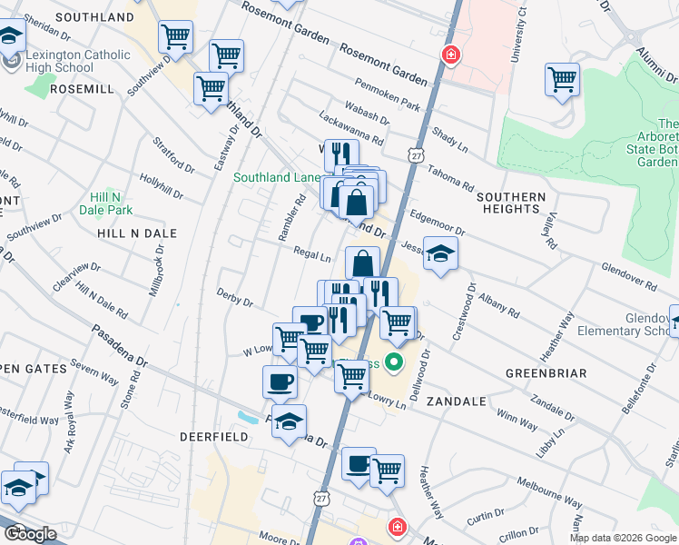 map of restaurants, bars, coffee shops, grocery stores, and more near 2036 Rebel Road in Lexington