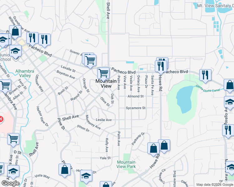 map of restaurants, bars, coffee shops, grocery stores, and more near 1231 Palm Ave in Martinez