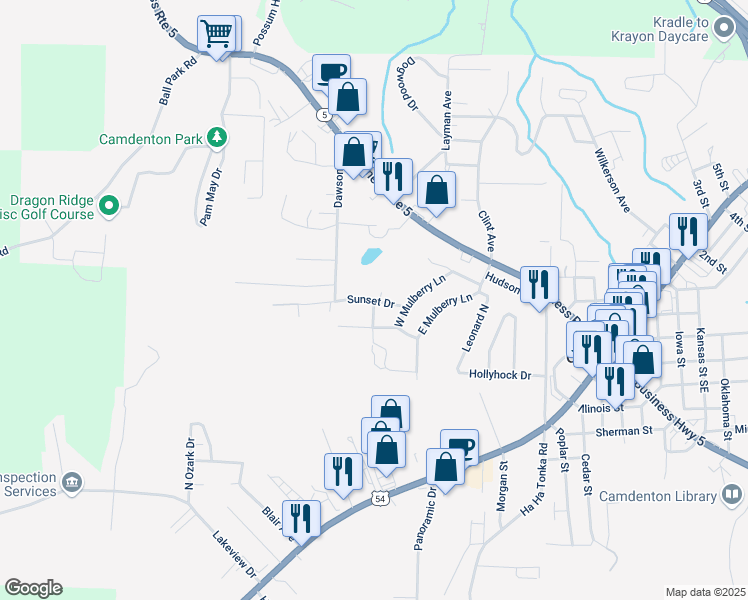 map of restaurants, bars, coffee shops, grocery stores, and more near 114 Sunset Drive in Camdenton