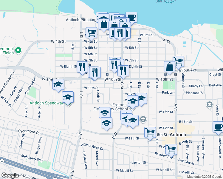 map of restaurants, bars, coffee shops, grocery stores, and more near 1101 Klengel Street in Antioch