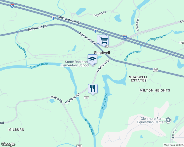 map of restaurants, bars, coffee shops, grocery stores, and more near 958 North Milton Road in Charlottesville