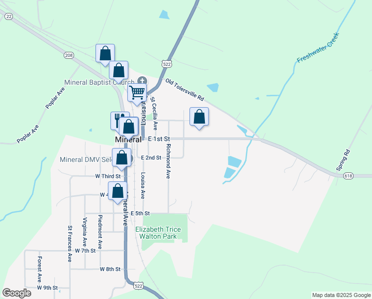 map of restaurants, bars, coffee shops, grocery stores, and more near 210 Albemarle Avenue in Mineral