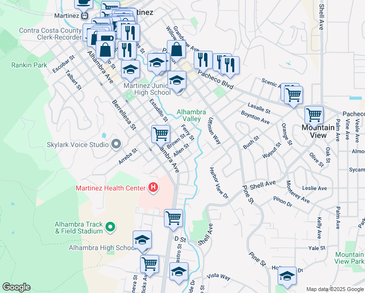 map of restaurants, bars, coffee shops, grocery stores, and more near 1936 Estudillo Street in Martinez