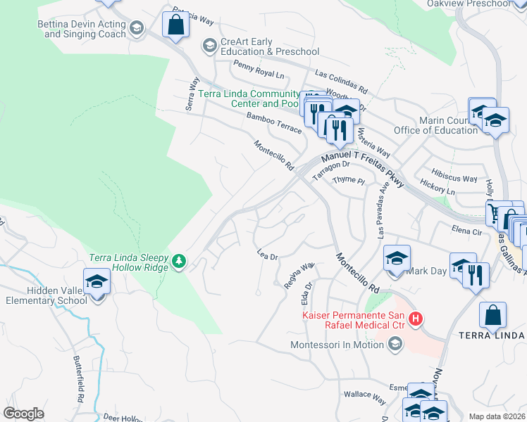 map of restaurants, bars, coffee shops, grocery stores, and more near 9 Surrey Lane in San Rafael