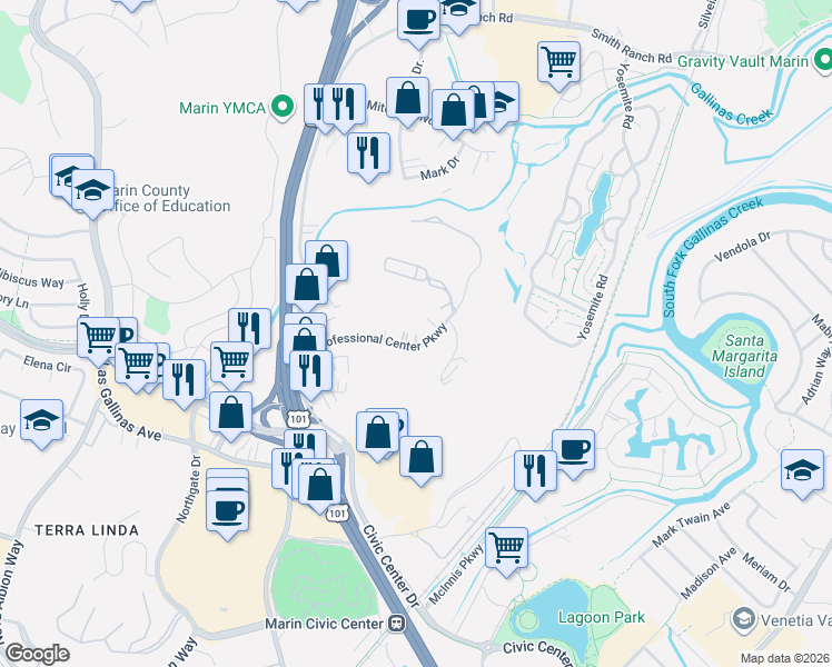 map of restaurants, bars, coffee shops, grocery stores, and more near 109 Professional Center Parkway in San Rafael
