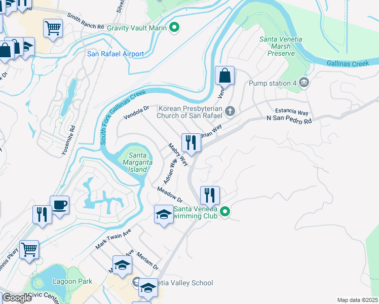 map of restaurants, bars, coffee shops, grocery stores, and more near 212 Adrian Way in San Rafael
