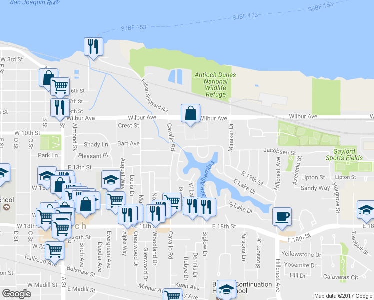 map of restaurants, bars, coffee shops, grocery stores, and more near 8 North Lake Drive in Antioch
