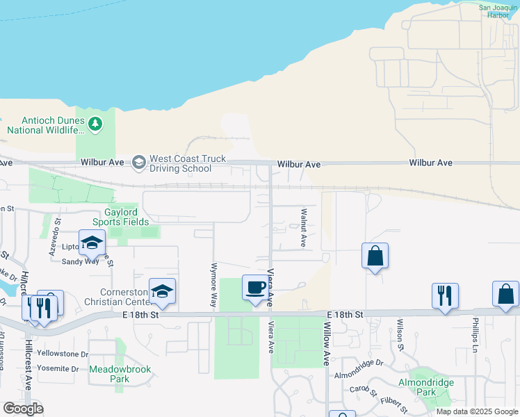 map of restaurants, bars, coffee shops, grocery stores, and more near 1452 Viera Avenue in Antioch