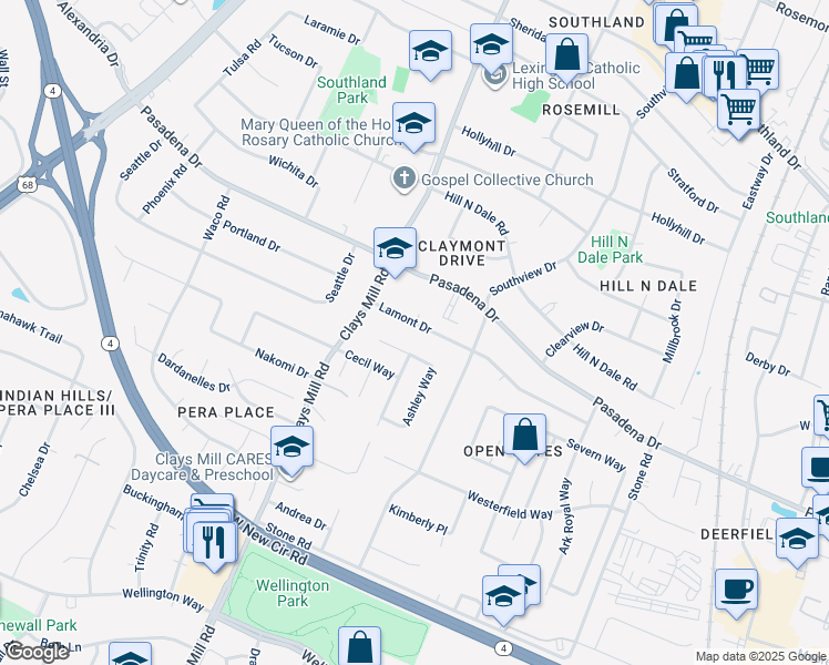 map of restaurants, bars, coffee shops, grocery stores, and more near 585 Ashley Way in Lexington