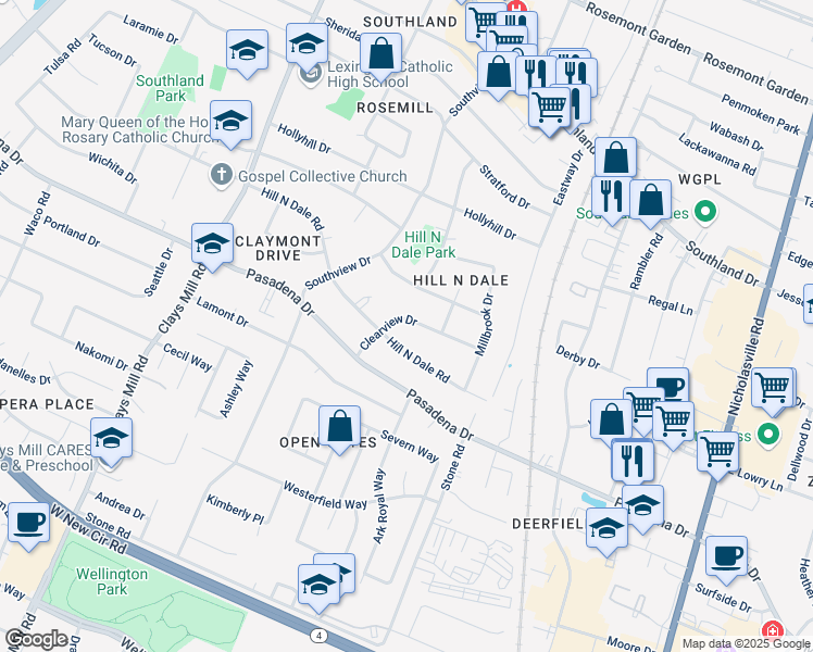 map of restaurants, bars, coffee shops, grocery stores, and more near 286 Clearview Drive in Lexington