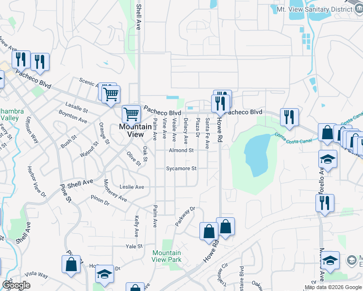 map of restaurants, bars, coffee shops, grocery stores, and more near 2831 Almond Street in Martinez